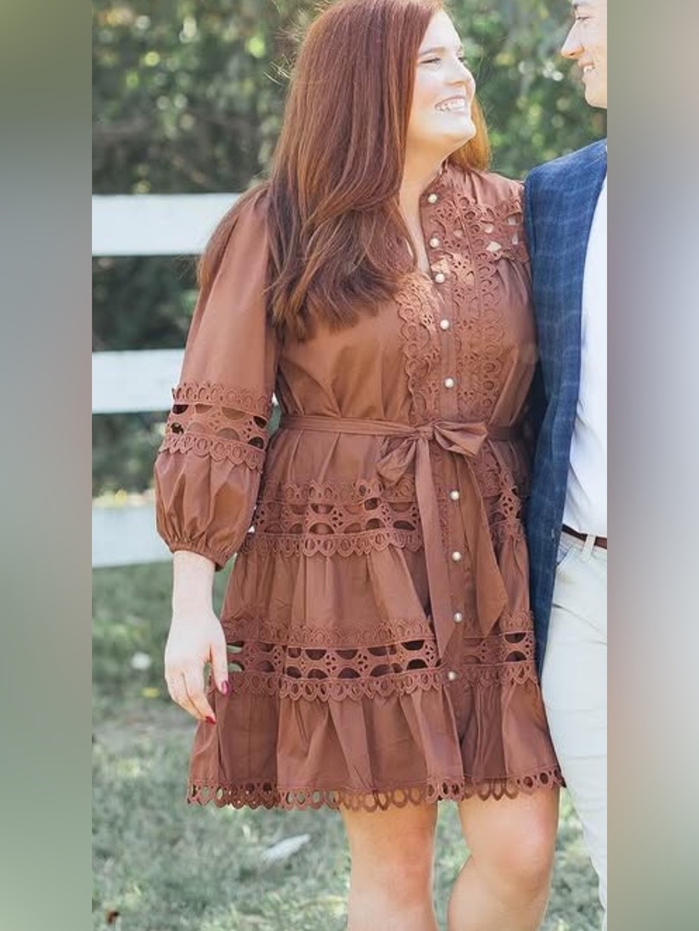 entro Brown Eyelet Lace Long-Sleeve Midi Dress